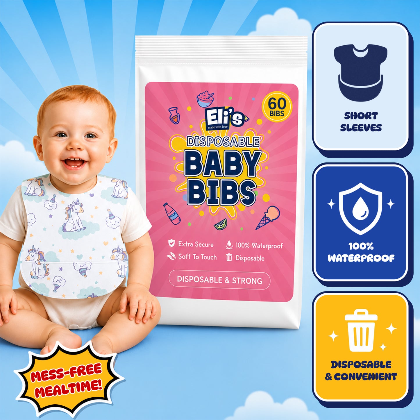 Disposable Sleeveless Baby Bib - Unicorn (60 Pack)