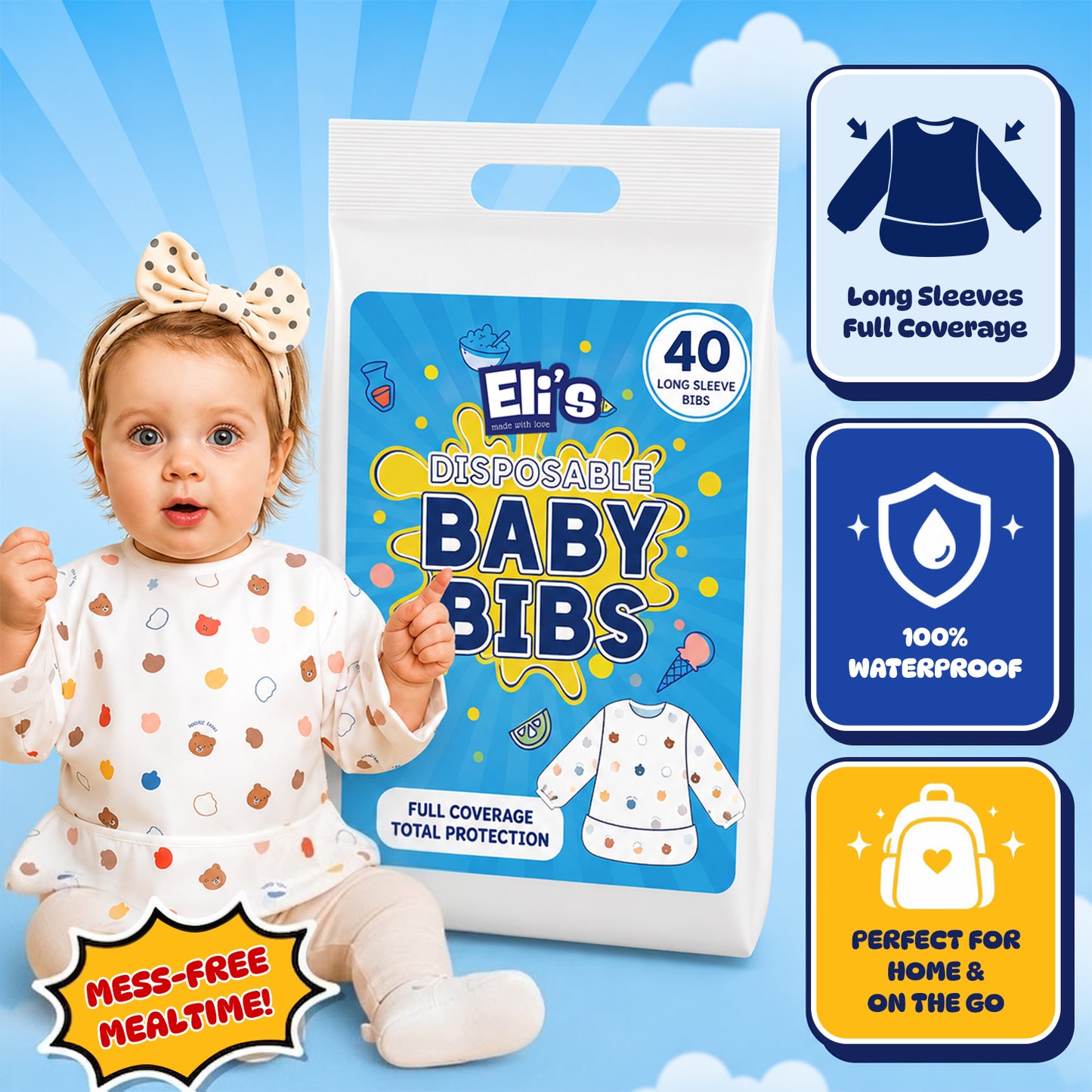 Disposable Long Sleeve Baby Bib - Happy Bear (40 Pack)